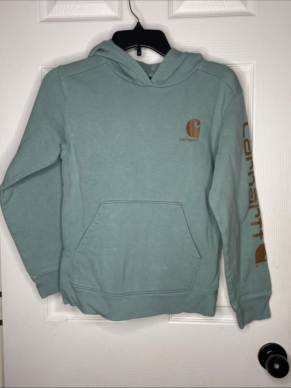 Carhartt Seafoam Hoodie with Tan Logo Sleeve. Size M (10-12)